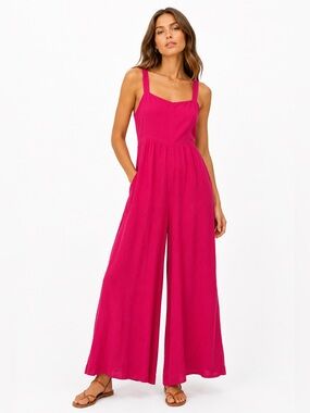 EXPRESS Linen Blend Wide Leg Jumpsuit XS Hot Pink Square Neck Palazzo Resortwear